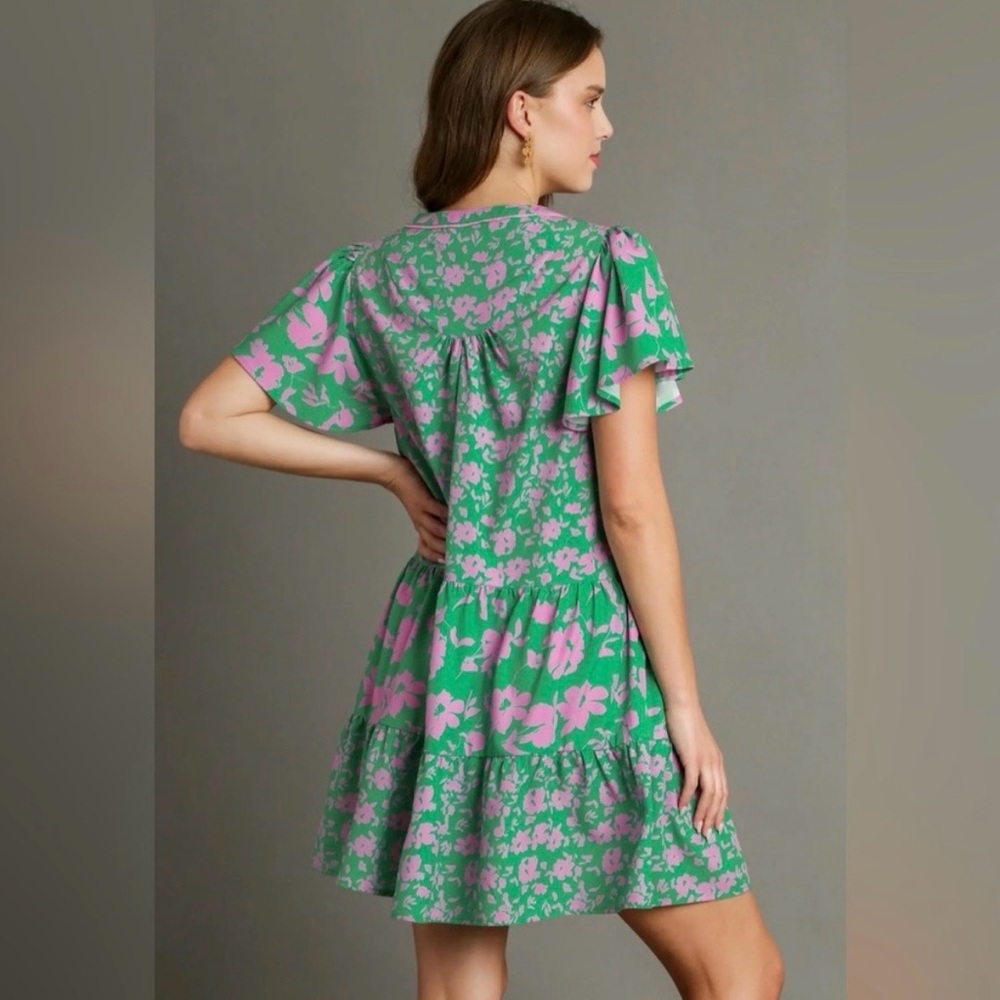 Umgee Green & Pink Floral Ruffle Dress Size Large - Picture 3 of 5